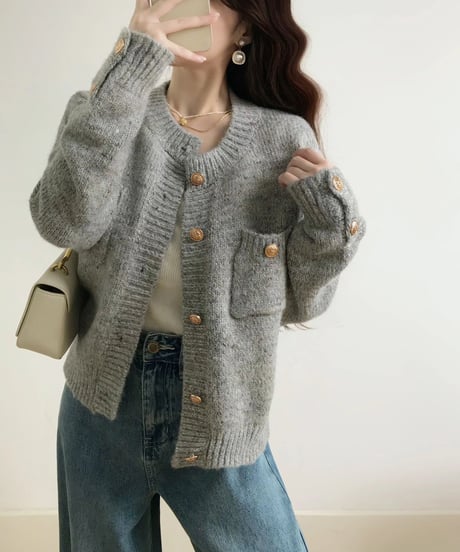 gold button gray cardigan　hm1839