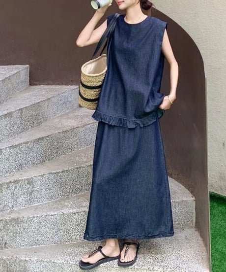 blue denim top & skirt set　hm2474