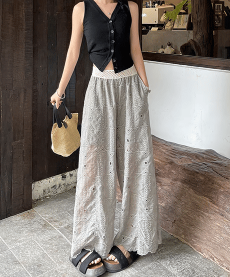 embroidered wide pants / 4color　hm2869