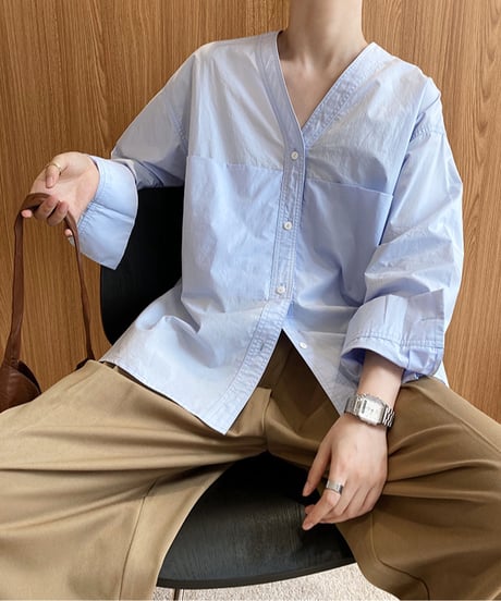 collarless v-neck shirt / 2color　hm2045