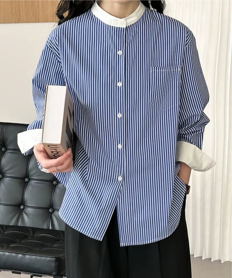 striped collarless blouse　hm2043