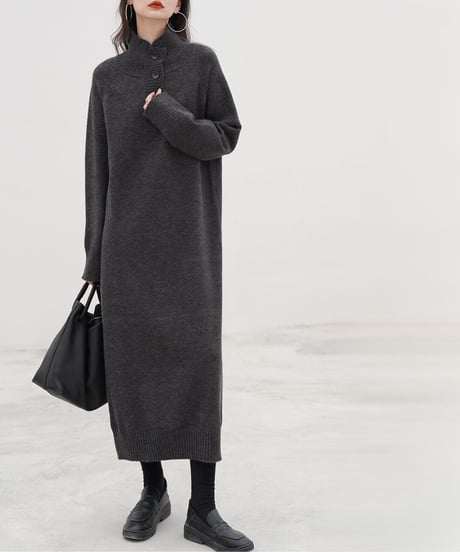 front button long knit dress　hm1881