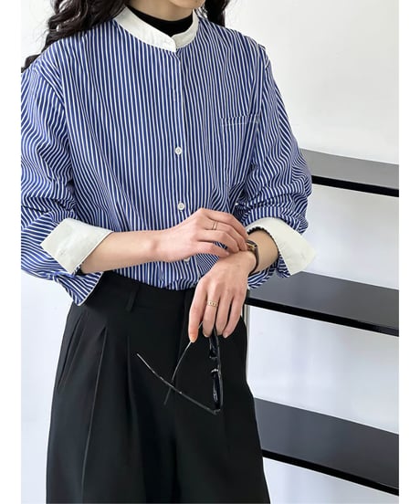 striped collarless blouse　hm2043