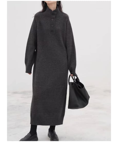 front button long knit dress　hm1881