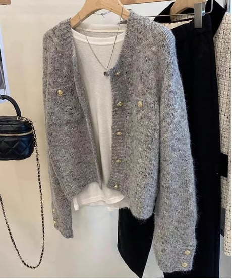 gold button gray cardigan　hm1839