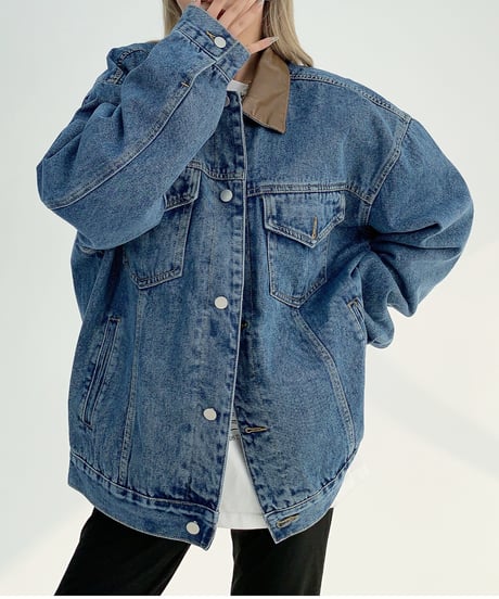leather collar denim jacket　hm1931