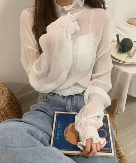 shirring high-neck blouse / 5color　hm2614