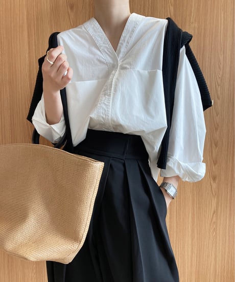 collarless v-neck shirt / 2color　hm2045