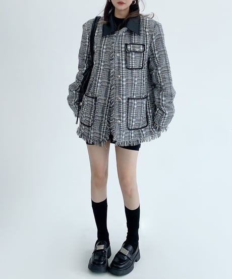 checked fringe jacket / 2color　hm1936