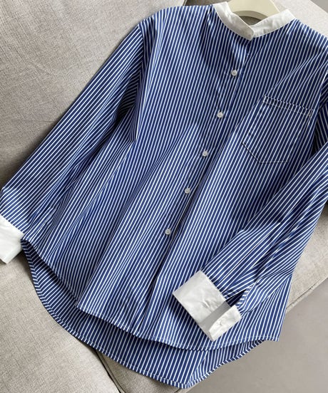 striped collarless blouse　hm2043