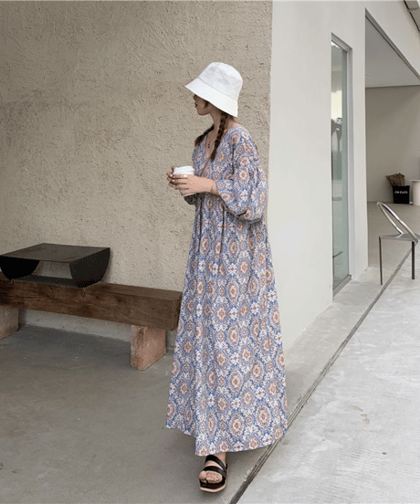 printed vneck dress / 2color　hm2945