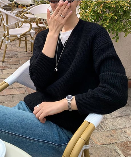 simple v-neck knit / 2color　hm2748