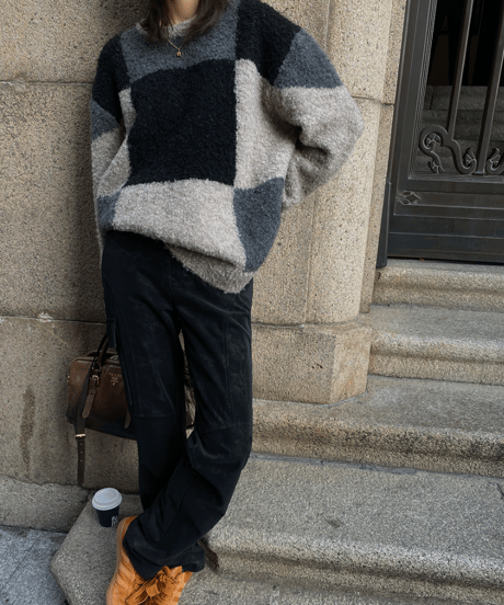 block check knit top / 2color　hm1113