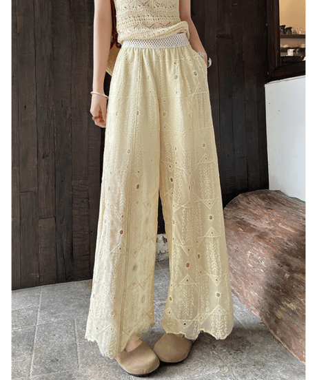 embroidered wide pants / 4color　hm2869