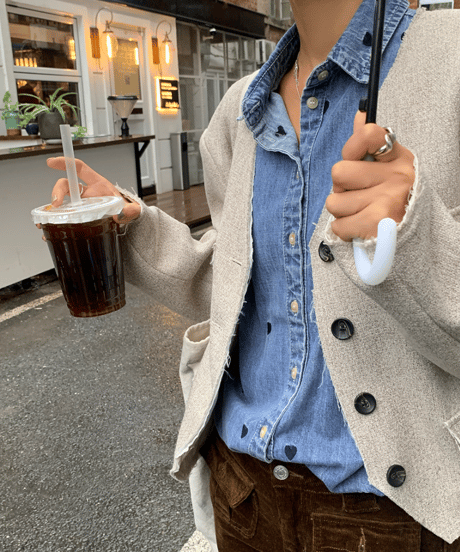 heart embroidered denim shirt / 2color　hm1263