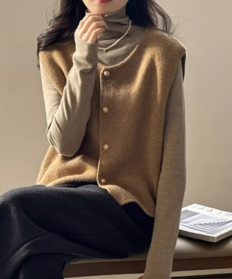 gold button knit vest / 6color　hm1835