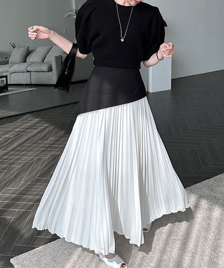 asymmetric pleated skirt / 2color　hm2834