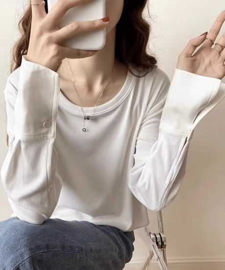 button sleeve slim fit top / 2color　hm1655