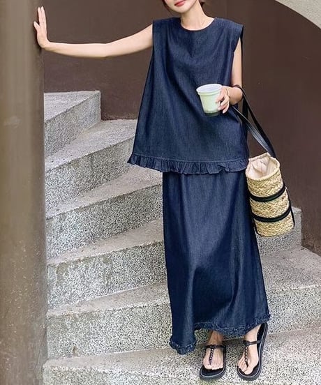 blue denim top & skirt set　hm2474