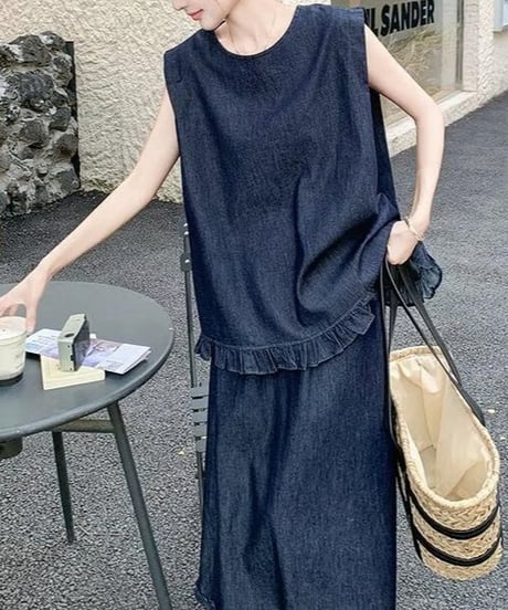 blue denim top & skirt set　hm2474