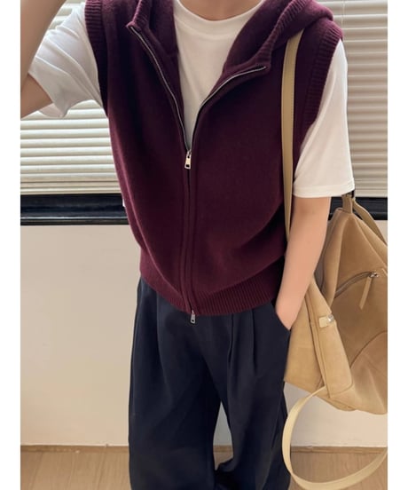 knit hooded zip vest / 3color　hm1970