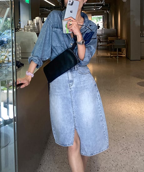 asymmetric denim slit skirt　hm1350