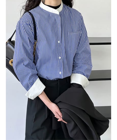 striped collarless blouse　hm2043