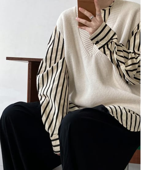 no-collar striped shirt / 2color　hm1678