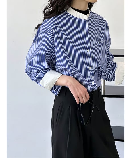 striped collarless blouse　hm2043