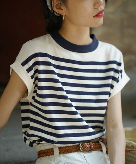 french sleeve border top　hm2218