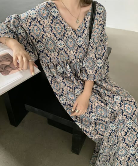 printed vneck dress / 2color　hm2945