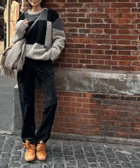 block check knit top / 2color　hm1113
