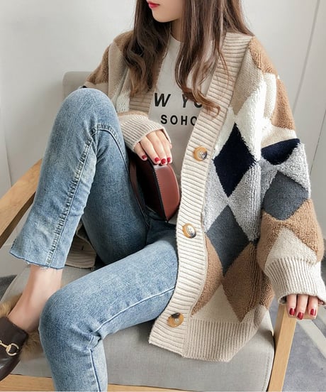 argyle knit cardigan / 3color　hm1744