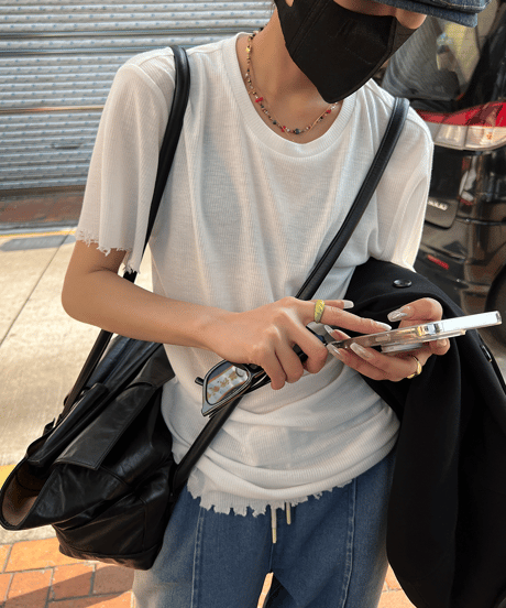 damaged ribbed t-shirt / 3color　hm1303