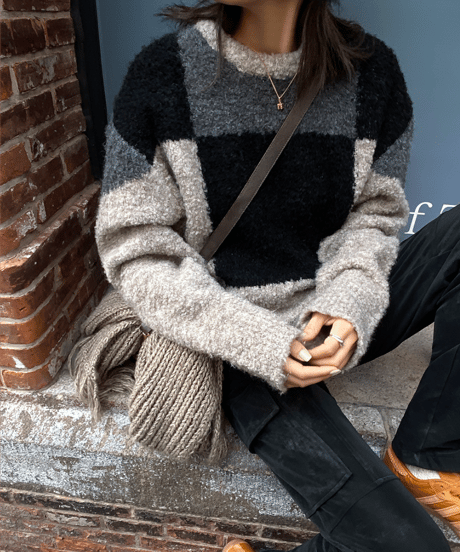 block check knit top / 2color　hm1113