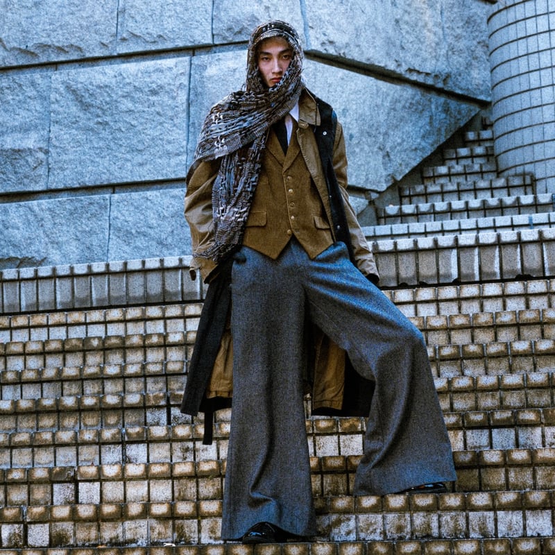 WIDE VOLUME HERRINGBONE PANTS【DARK GRAY】 | SHIK