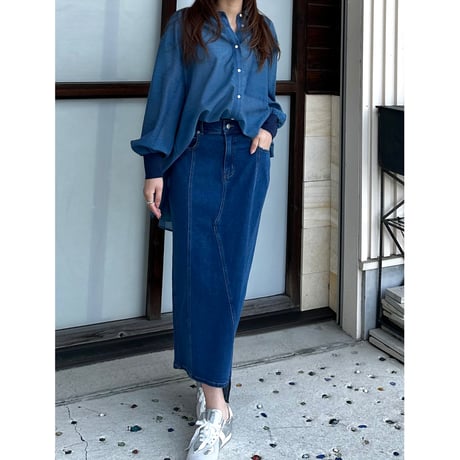 QTUMEバックギャザーヴィンテージシアーデニムシャツ