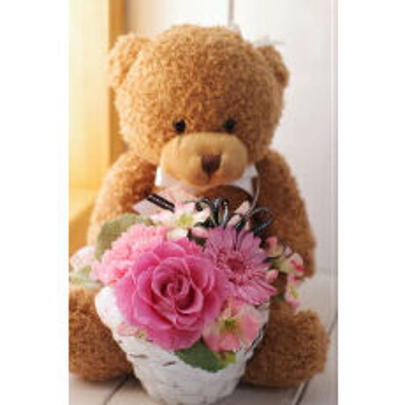 茶色クマのぬいぐるみ付きプリザーブドフラワー（ピンク