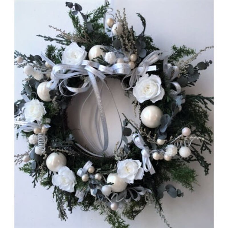 白い薔薇のクリスマスリース プリザーブドフラワーリース | Chloris-flower