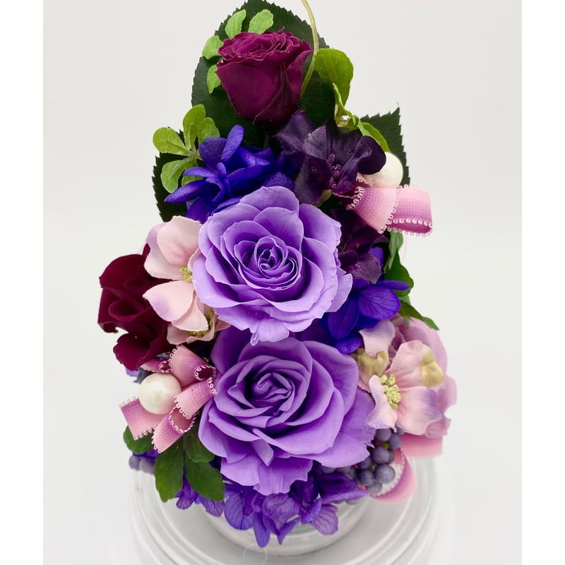 プリザーブドフラワーフラワーアレンジメント　紫 古稀 喜寿 卒寿 お祝い花 パープルドーム アレンジ ケース入り