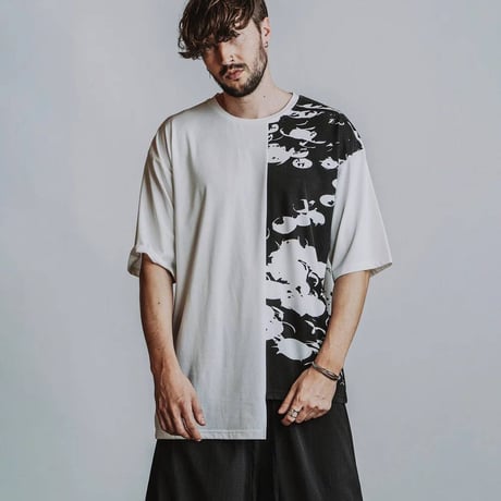 ノーアイディー noid 半袖Tシャツ NOID. メンズ アシンメトリープリントT ホワイト ブラック 春夏商品 458006-495T