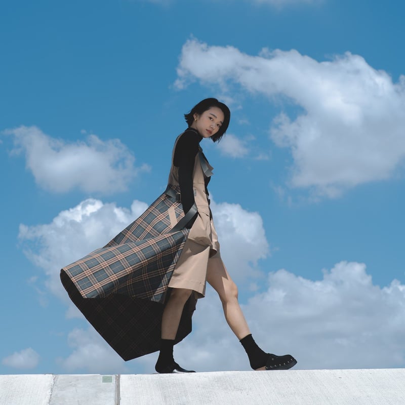 Y's W/ギャバジン チェック アシンメトリージャンバースカート 734344e70601ae1fa427a773d74f88