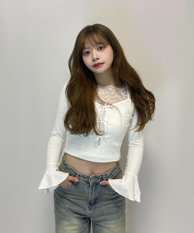 トップス Flared sleeve ribbon and frill zip tops lace ribbon flare sleeve tops | pellsiana