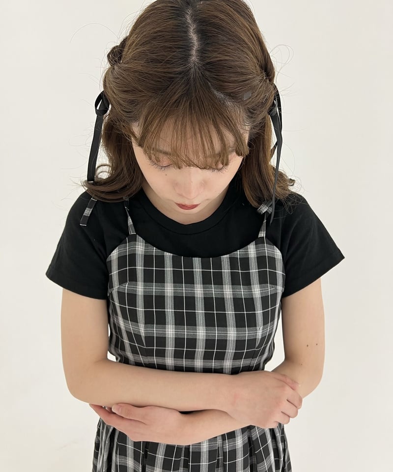 ワンピース Refined Check Ribbon Set black ワンピース Refined Check Ribbon Set black check ribbon cami one