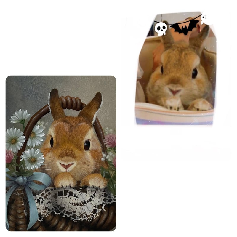 バスケットにうさぎちゃん | うさぎ描きfumiko ☆ペットの似顔絵屋さん