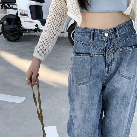 【ゆったりシルエット　ハイウエストデニムパンツ】