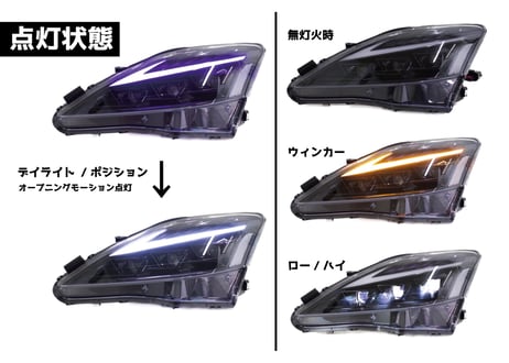 LEXUS 20系 IS  3眼LEDヘッドライト オープニングモーション シーケンシャルウィンカー デイライト GSE20 USE20 IS250/350 ISF ISC【CH-LISOP3E】