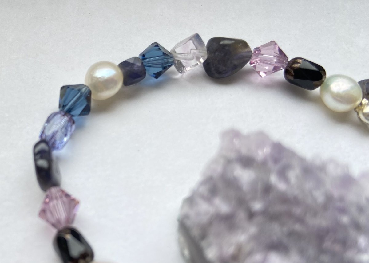 天然石とクリスタルガラスビーズのブレスレット ブルー SV925