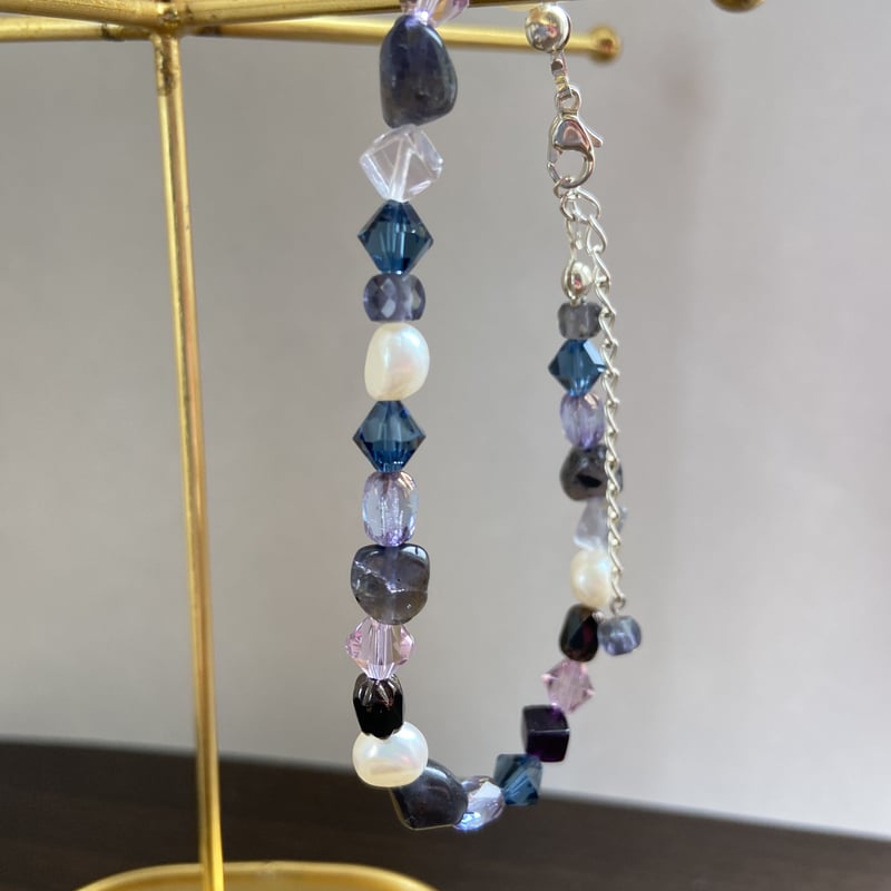 天然石ビーズブレスレット 青 金色模様 G-BALLER / ジーボーラー】K18 ブルーサファイア ビーズ