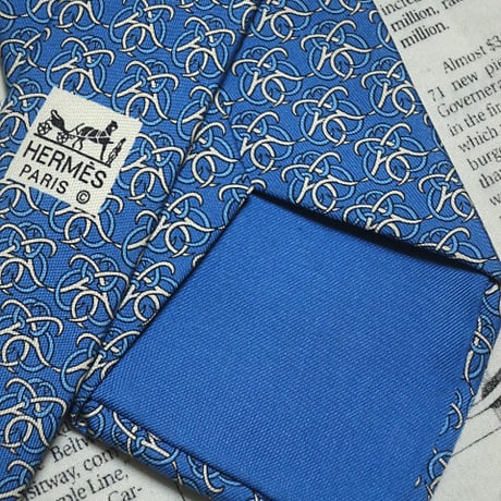 エルメス HERMES ネクタイ フランス製 シルク100% パターン柄 青系ベース ブルー系 J-005182